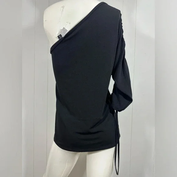 NWT NY & CO Women’s Sz M one shoulder black white blouse 3/4 Sleeve stretch - Picture 8 of 10